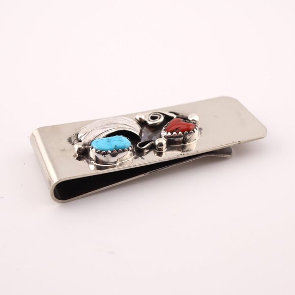 Native American Money Clip Sterling Silver Turquoise and Coral Stones Handmade** - Picture 4 of 7